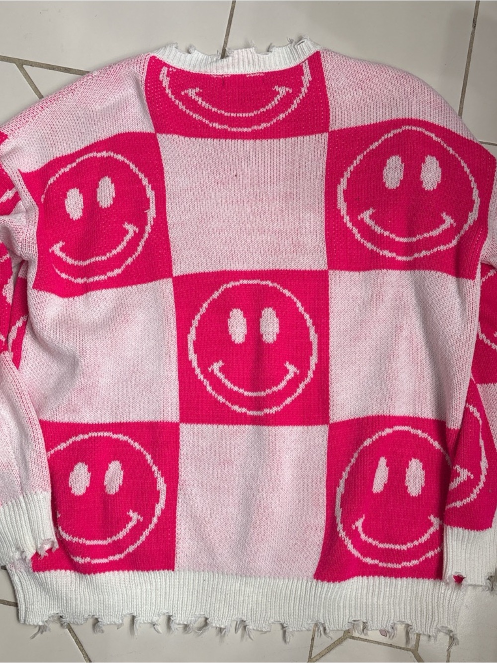Altar'd State Pink & White Smiley Checker Knit Sweater - Picture 3 of 3
